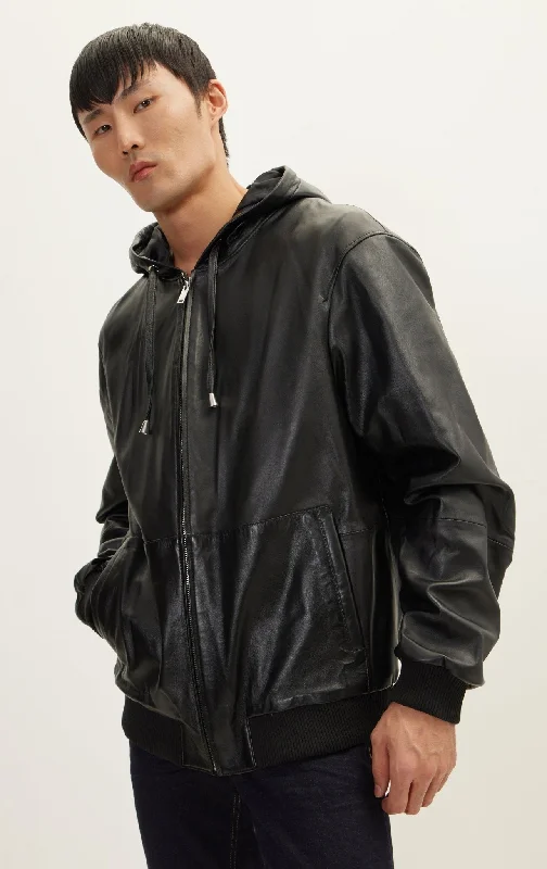 Men's Coats with Removable LiningsGenuine Leather Hooded Sweatshirt - Black