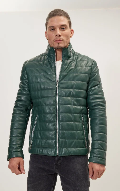 Unique Men's Flight JacketsLambskin Leather Puffer Jacket - Green