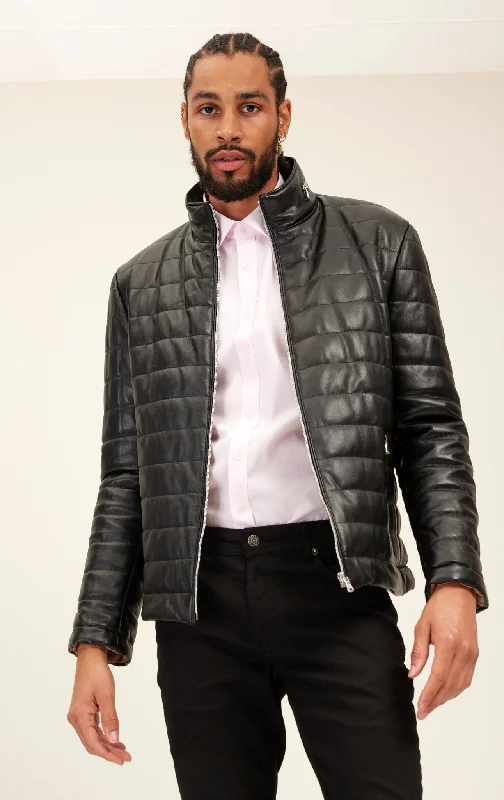 Men's Coats with Stretch FabricLambskin Leather Puffer Jacket - Black