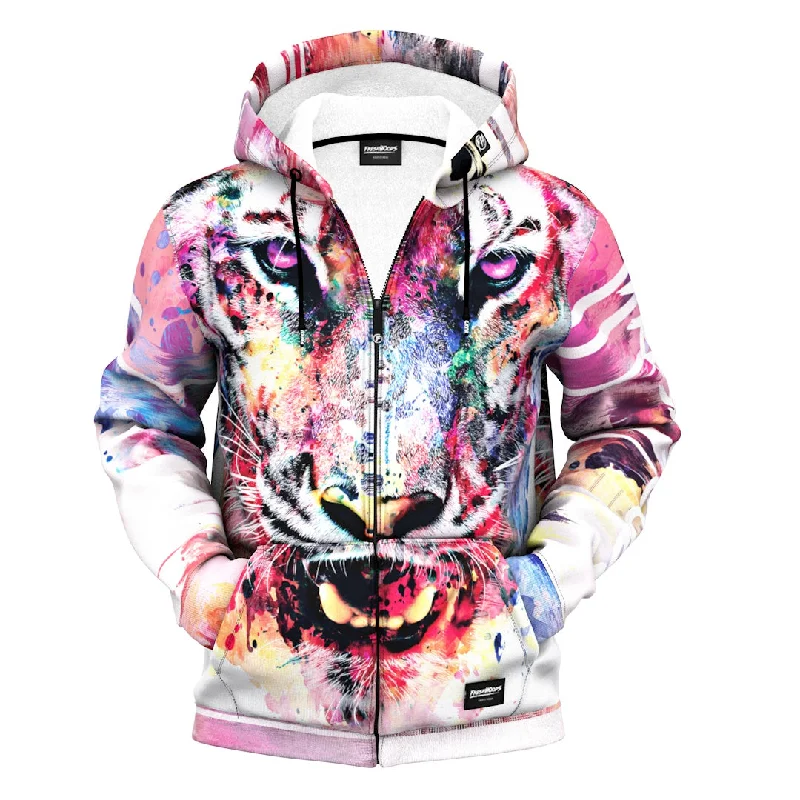 Men's Hoodies with Reinforced HemsAquarelle Tiger Zip Up Hoodie