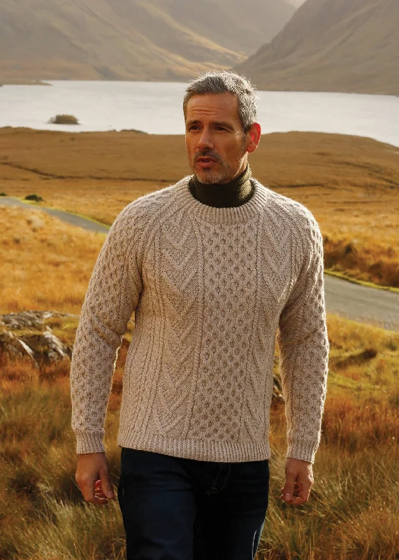 Men's Sweaters with Button-Down PlacketsAran Handknit Crew Neck Sweater | Oatmeal