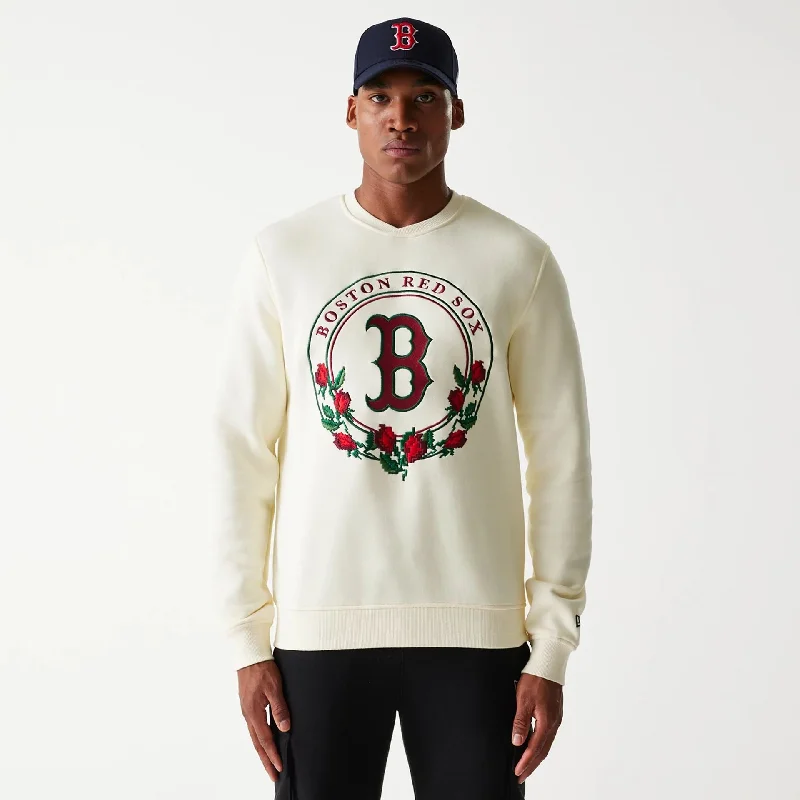 Men's Sweaters with Kangaroo PocketsBoston Red Sox Red Roses White Crewneck Sweater