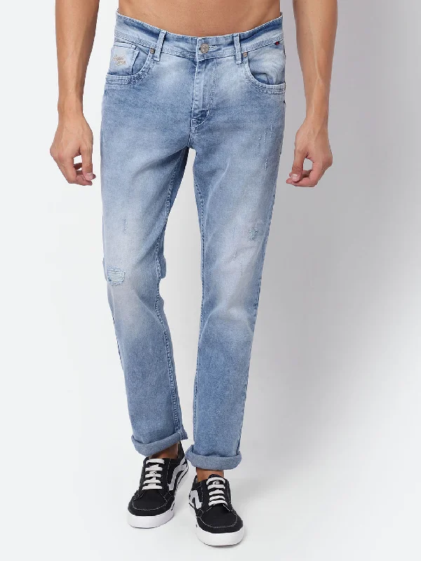 New Arrival Designer Men's JeansMen's Ultra Narrow fit Heavy Fade Carbon Blue Ripped Lightly Jeans