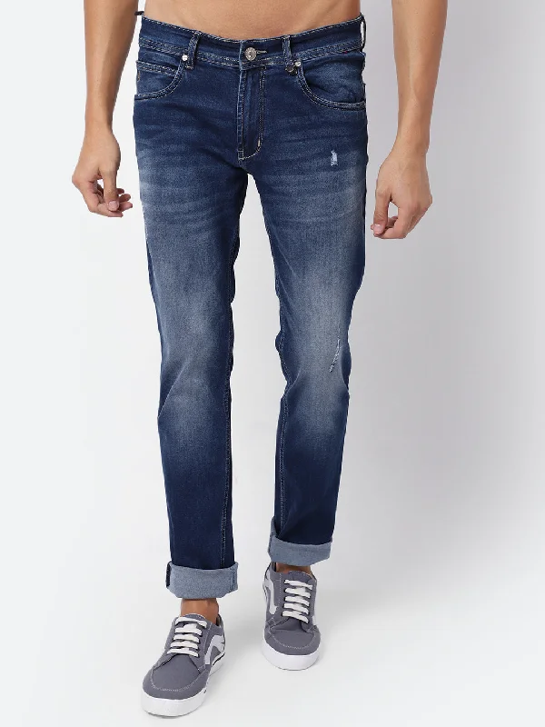 Leather Patch Embellished Men's JeansMen's Ultra Narrow fit Heavy Fade Medium Carbon Blue Ripped Lightly Jeans