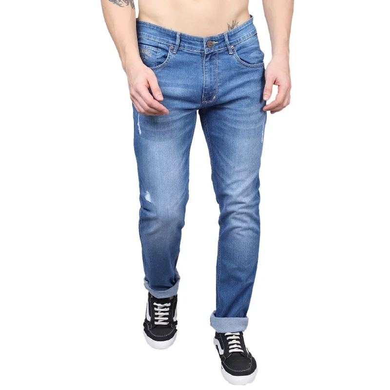 Men's Jeans with Elastic WaistbandsMen's Ultra Narrow fit Heavy Fade Blue Ripped Lightly Jeans