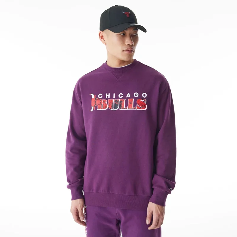 Men's Sweaters with Fold-Over CuffsChicago Bulls NBA Graphic Dark Purple Crew Neck Sweater