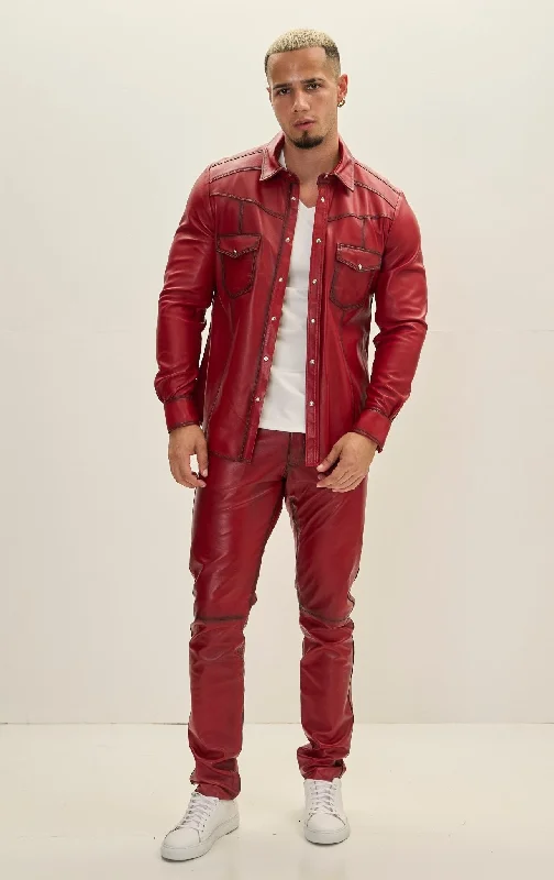Men's Coats with Synthetic InsulationGenuine Lambskin Leather Shirt - Red Tint