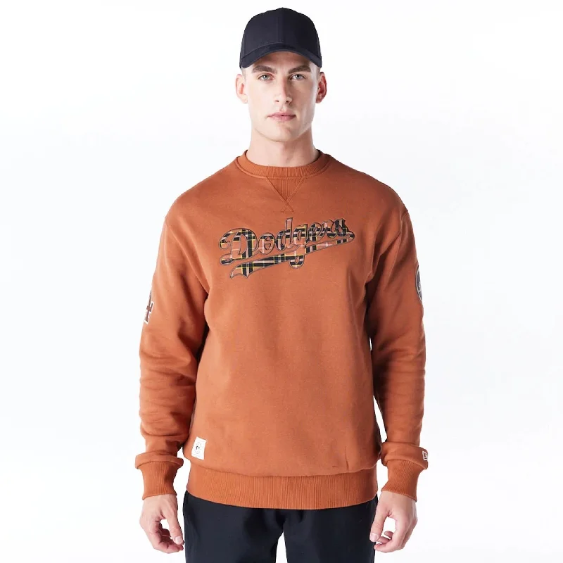 Men's Sweaters with Hidden PocketsLA Dodgers MLB Tartan Infill Brown Crew Neck Sweater