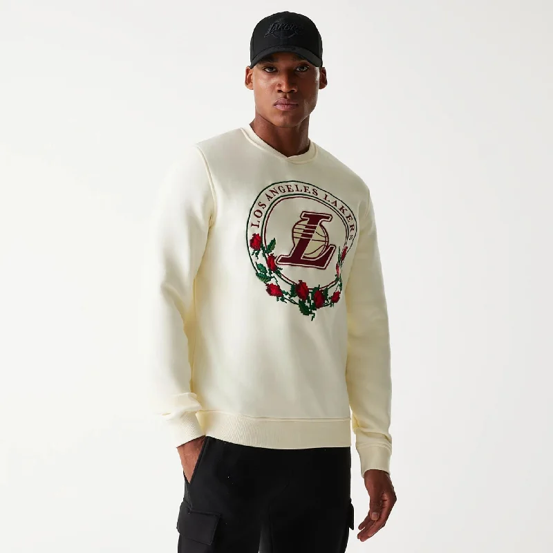 Men's Sweaters with Patch PocketsLA Lakers Red Roses White Crewneck Sweater