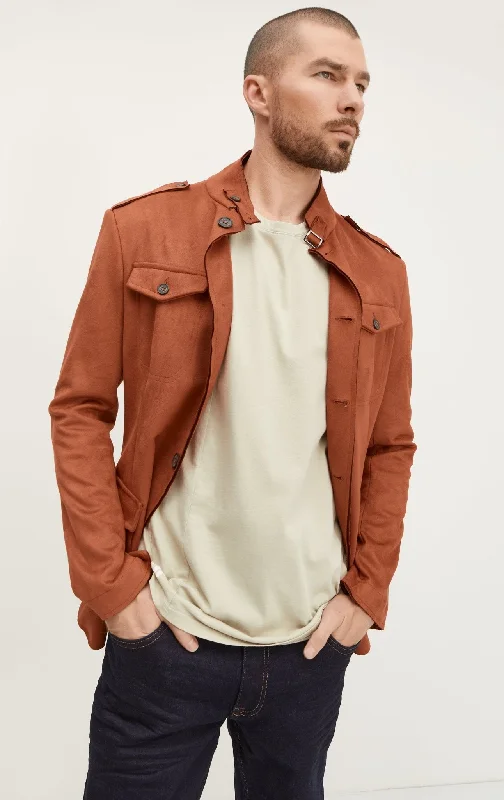 Men's Coats with Contrast StitchingFaux Suede Safari Jacket - Brick Red