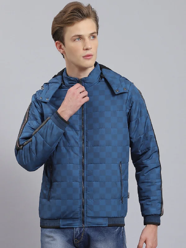 Men's Coats with Quilted LiningMen Blue Solid Hooded Full Sleeve Jacket