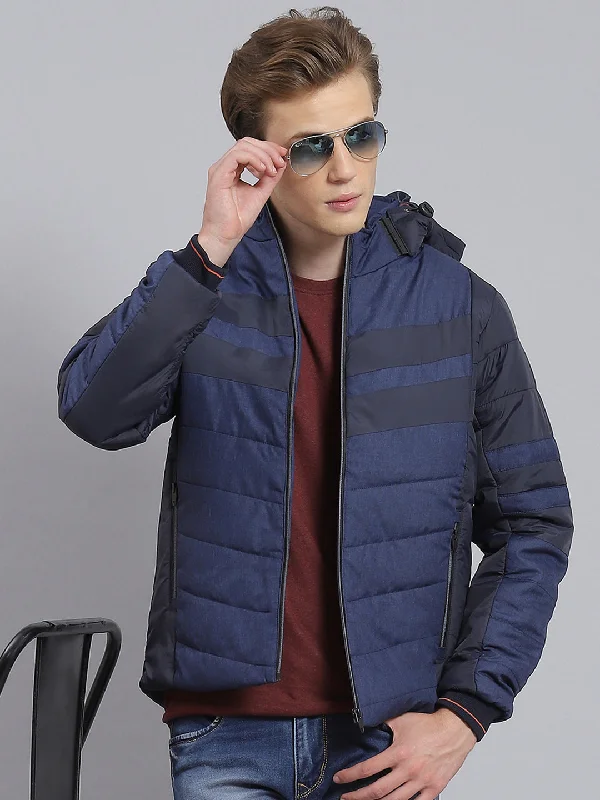 Men's Coats with Fur TrimMen Blue Solid Hooded Full Sleeve Jacket