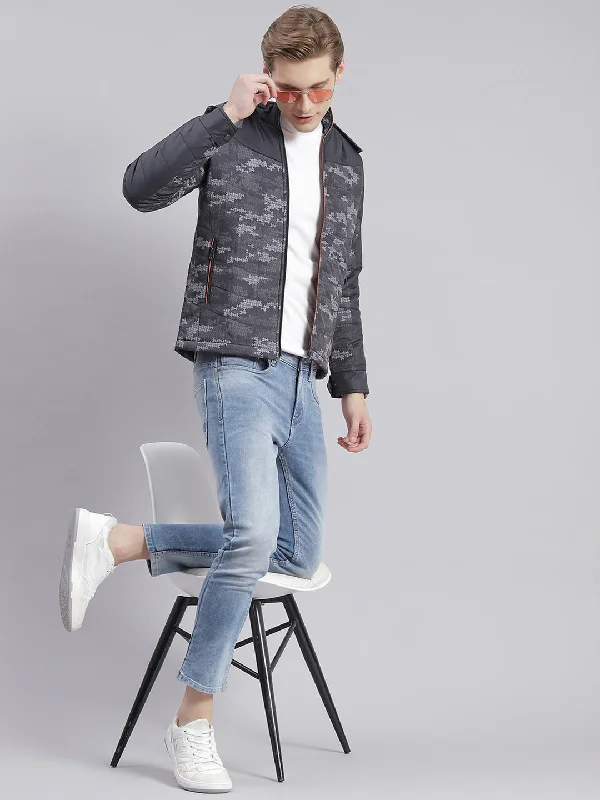 Trendy Men's Anorak JacketsMen Grey Printed Hooded Full Sleeve Jackets