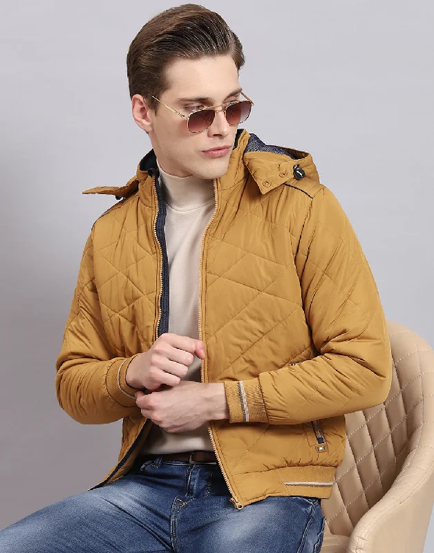 Men's Coats with Hand WarmersMen Mustard Solid Hooded Full Sleeve Jacket