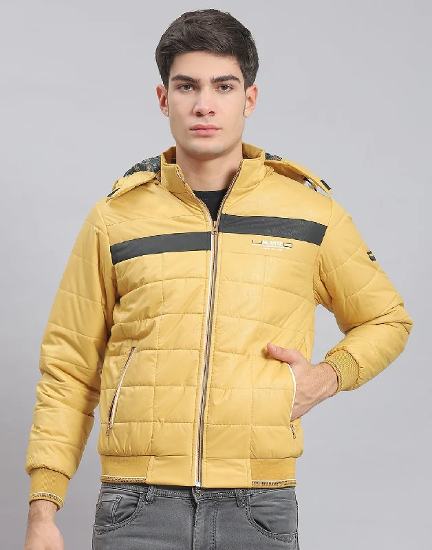 Luxurious Men's Cashmere CoatsMen Mustard Solid Hooded Full Sleeve Jacket