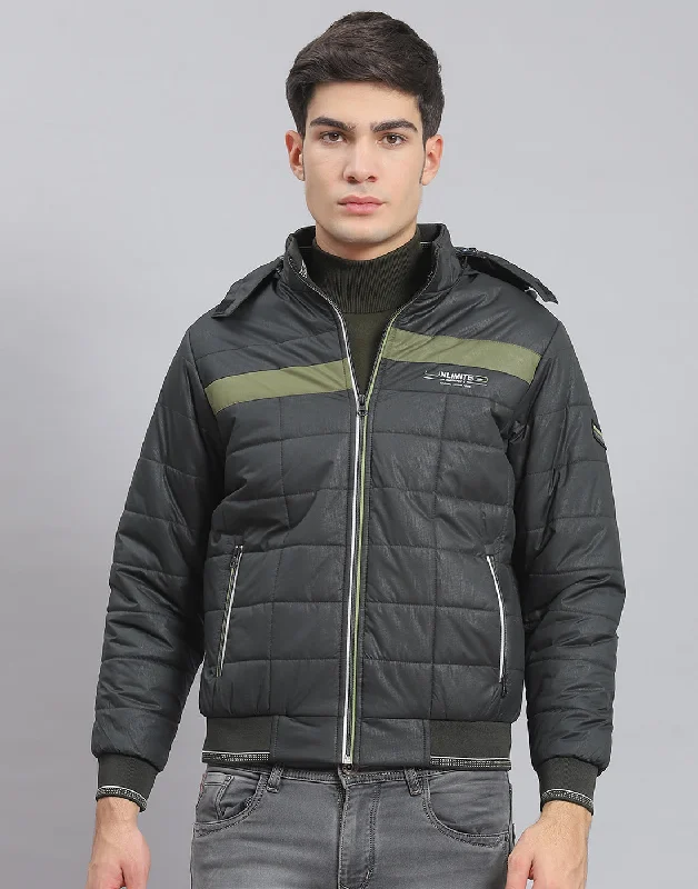 Elegant Men's Wool CoatsMen Olive Solid Hooded Full Sleeve Jacket