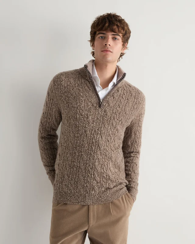 Men's Sweaters with Checkerboard PatternsMen's Fur Trim Half Zip Cashmere Jumper Heather Hazel Brown