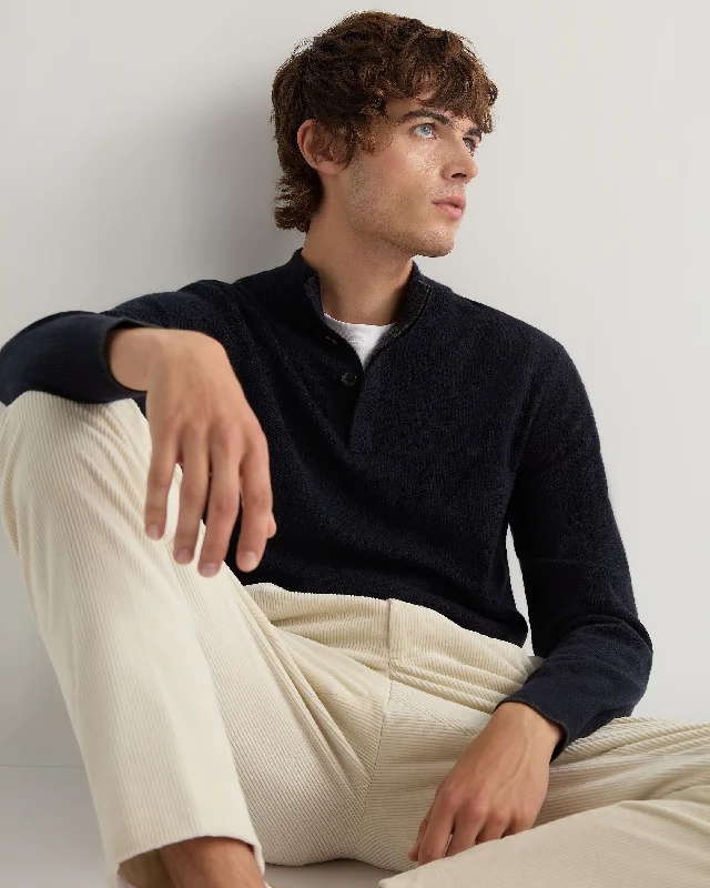 Cozy Men's Cable-Knit SweatersMen's Half Button Cashmere Jumper Navy Blue