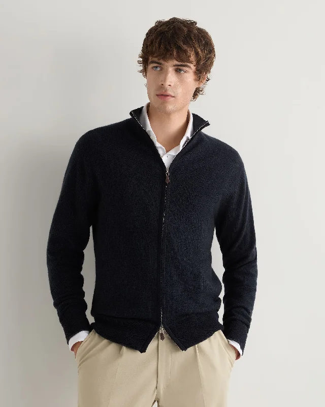 Striped Men's SweatersMen's Knightsbridge Birdseye Full Zip Cashmere Jumper Navy Blue