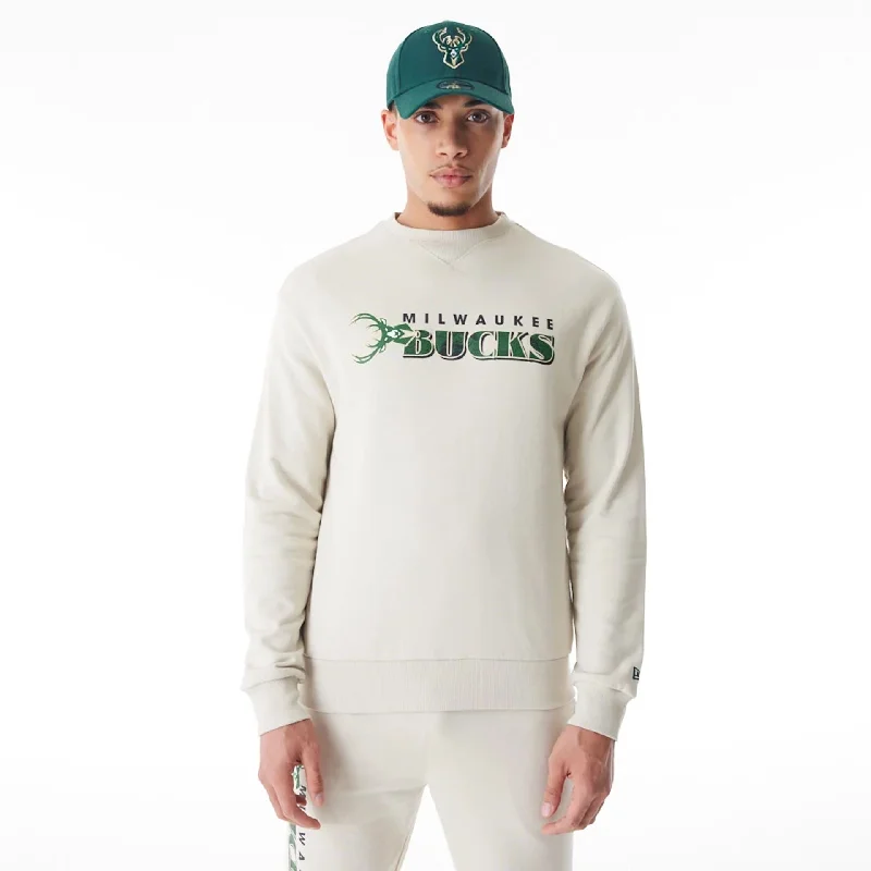 Men's Sweaters with Ribbed CuffsMilwaukee Bucks NBA Graphic Cream Crew Neck Sweater