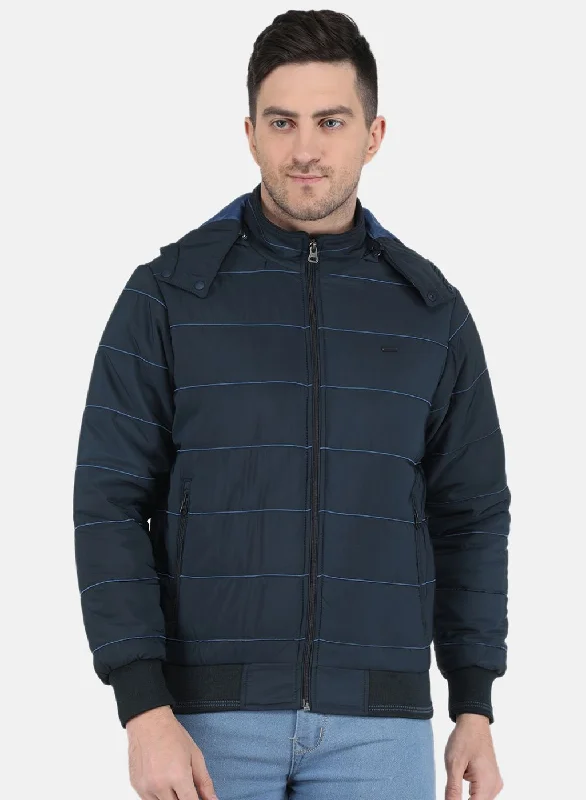 Men's Coats with Embroidered DetailsMen NAvy Blue Solid Jacket