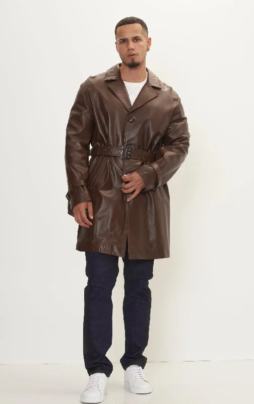 Men's Coats with Magnetic ClosuresEnforcer'S Belted Leather Trench - Dark Brown