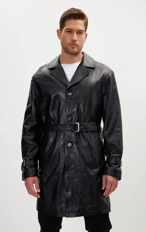 Durable Men's Car CoatsEnforcer'S Belted Leather Trench - Black