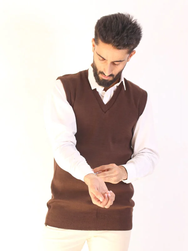 Men's Sweaters for Everyday WearMSW22 Sleeveless Plain Sweater for Men Brown