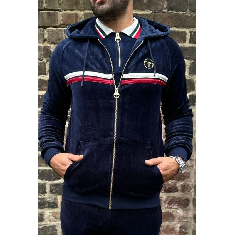Solid-Colored Men's ShirtsSergio Tacchini - Dallas Velour Zip Maritime Blue - Hoodie