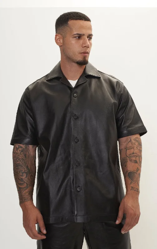 Men's Coats for Everyday WearShort Sleeve Leather Shirt Jacket - Black