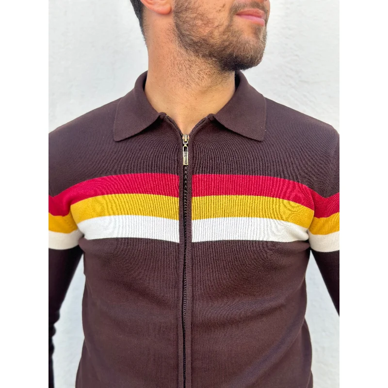 Men's Shirts with Single-Breasted DesignsSka & Soul - Gallagher Zip Through Fine Gauge Long Sleeve Knit - Polo
