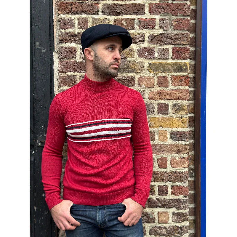 Men's Shirts with Animal PrintsSka & Soul - Knebworth Border Stripe Fine Gauge Blood - Turtle Neck
