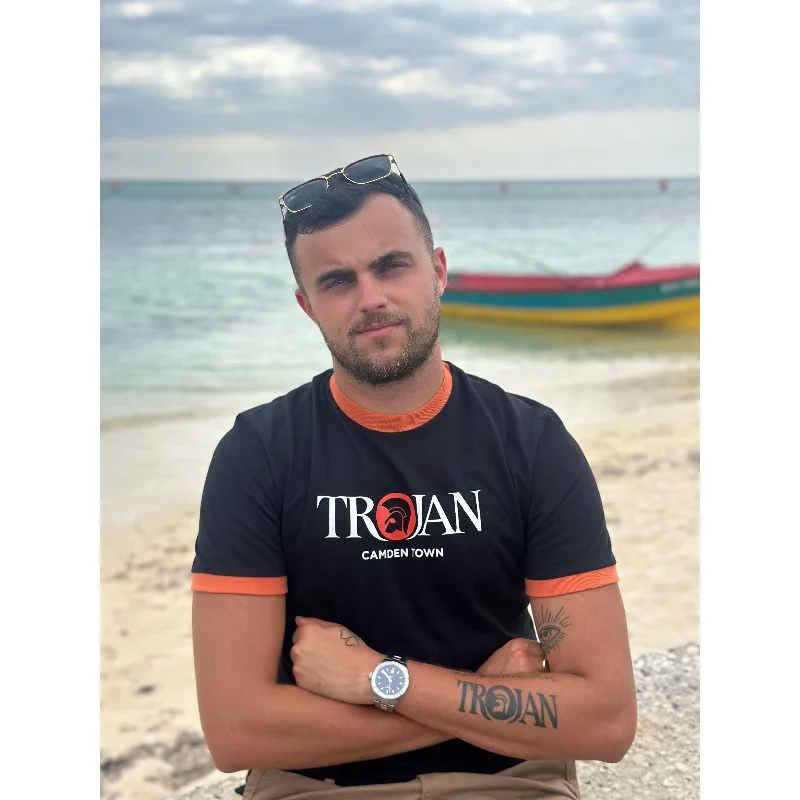 Men's Shirts with Appliquéd SleevesTrojan Records - TC/1014B Exclusive Logo Ringer Black (Orange Logo) Camden - T-Shirt