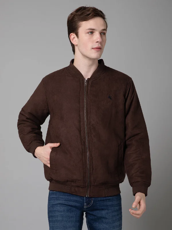 Men's Coats for LayeringSolid Brown Full Sleeves Stand Collar Regular Fit Jacket for Men