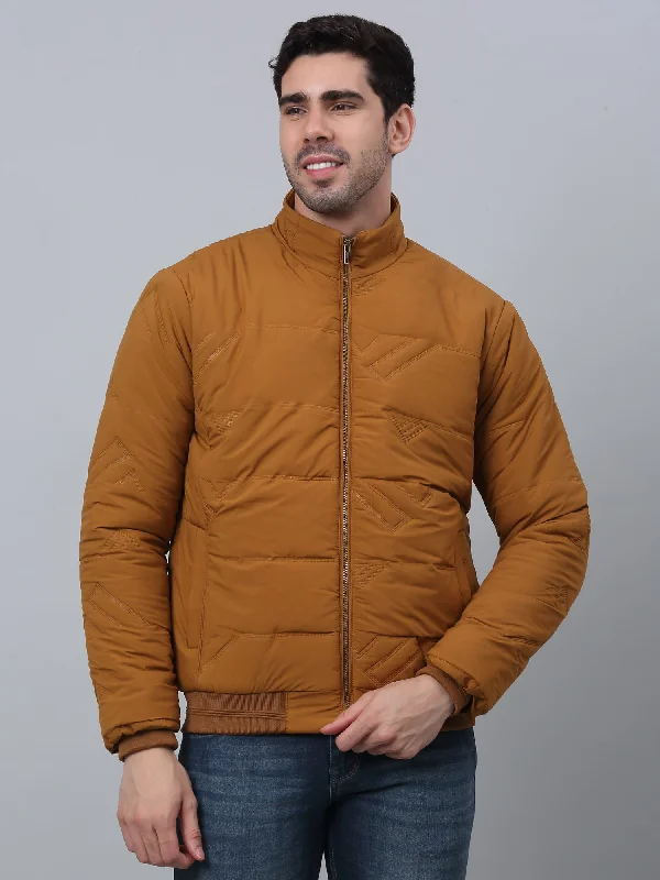 Men's Coats with Hand WarmersSolid Full Sleeves Band Collar Regular Fit Mustard Casual Jacket for Men