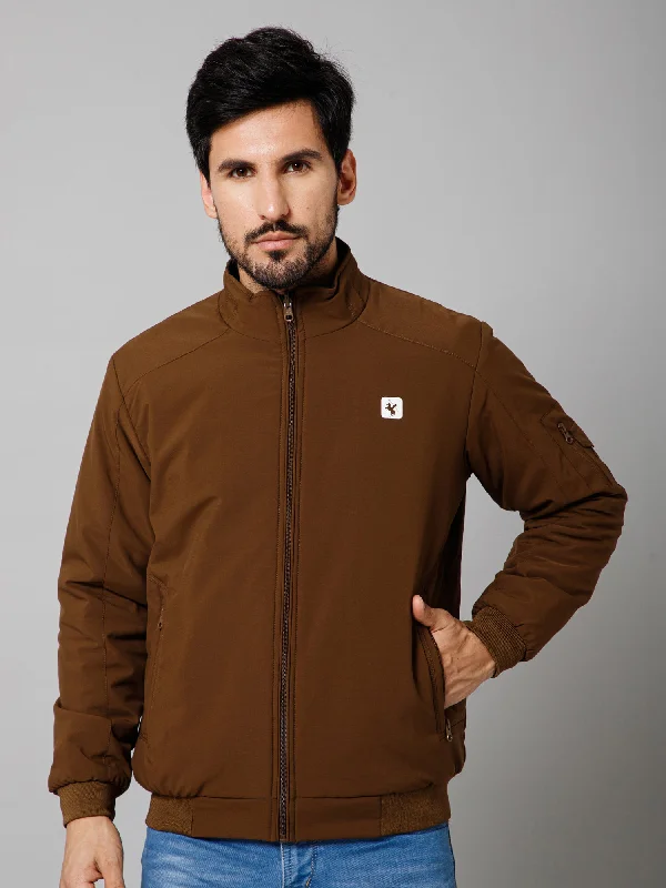 Essential Men's Puffer JacketsSolid Full Sleeves Mock Collar Regular Fit Brown Casual Reversible Jacket for Mens