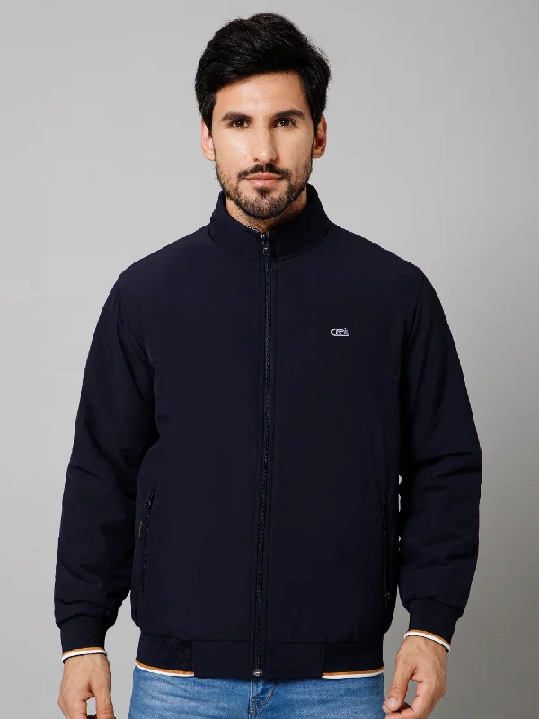 Men's Coats with VentilationSolid Full Sleeves Mock Collar Regular Fit Navy Blue Casual Reversible Jacket For Men