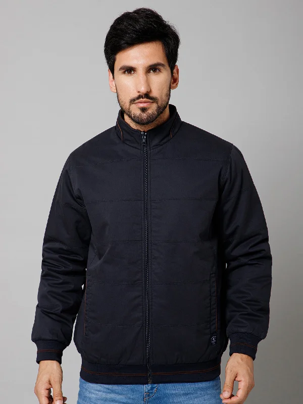 High-Quality Men's Duffle CoatsSolid Full Sleeves Mock Collar Regular Fit Navy Blue Casual Reversible Jacket For Men
