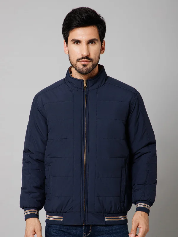 Men's Coats with Magnetic ClosuresSolid Full Sleeves Mock Collar Regular Fit Navy Blue Casual Reversible Jacket for Men