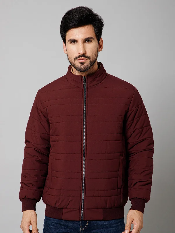Men's Coats with Water-Repellent FabricSolid Full Sleeves Mock Collar Regular Fit Wine Casual Reversible Jacket For Men