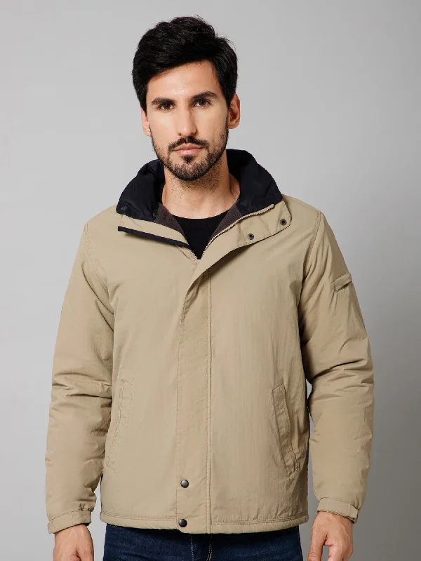 Men's Coats for Everyday WearSolid Full Sleeves Mock Collar Regular Fit Beige Casual Jacket for Men