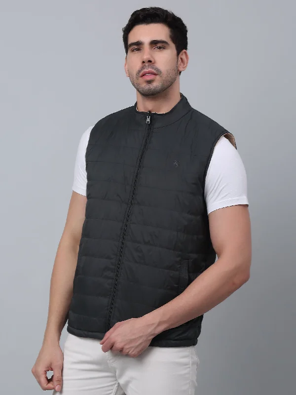 Men's Coats with Tactical FeaturesSolid Sleeveless Band Collar Regular Fit Olive Casual Reversible Jacket For Men