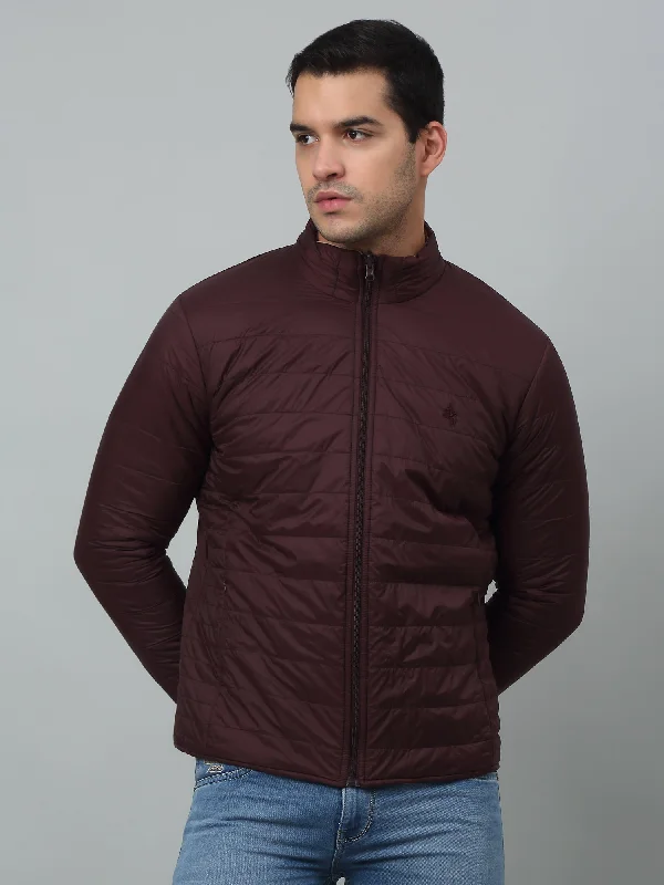 Men's Coats with Slim FitsSolid Wine Full Sleeves Band Collar Regular Fit Reversible Jacket for Men