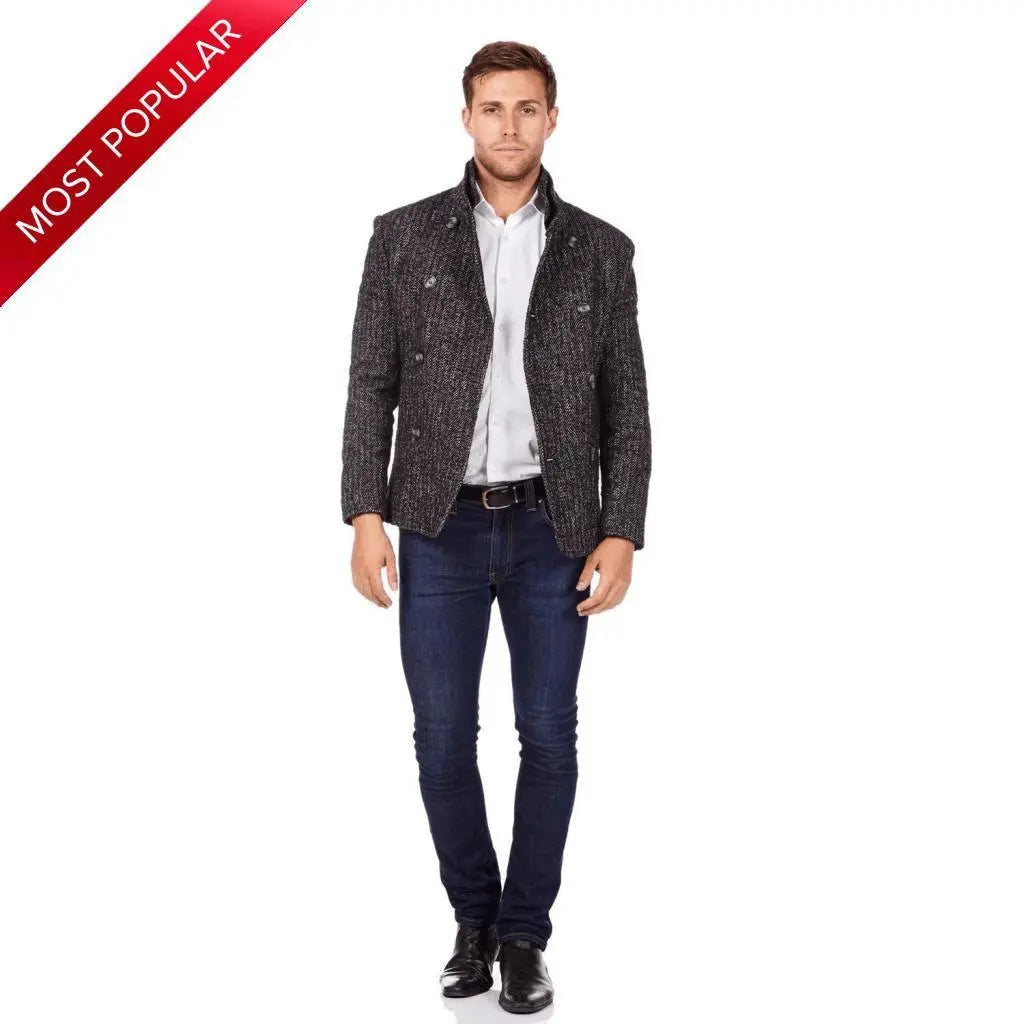 Unique Men's Flight JacketsDe La Creme MAN - Herringbone Tweed Blend Short Reefer Coat