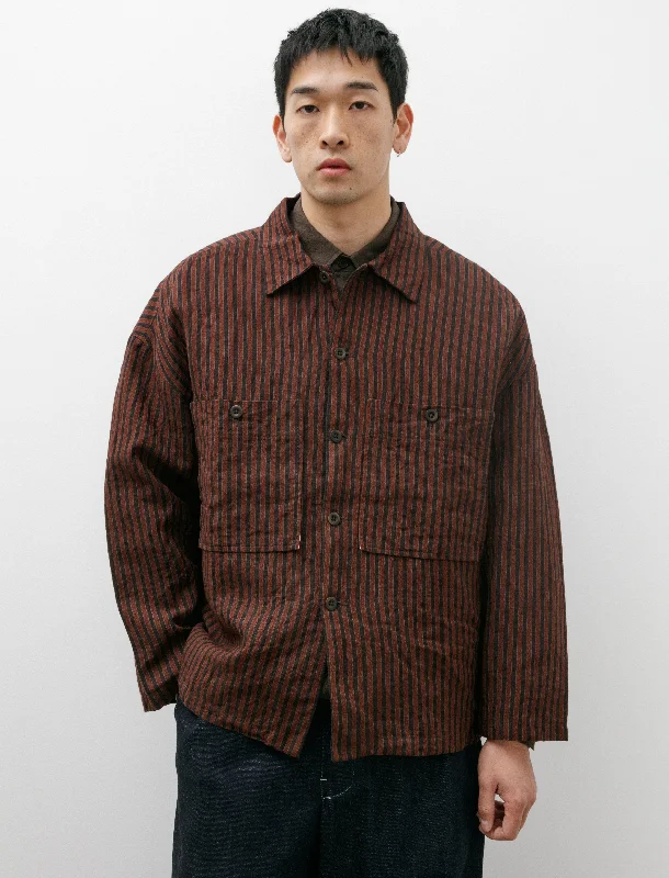 Men's Coats with ZippersField Shirt Two Yarn Dyed Linen Stripe Navy Red