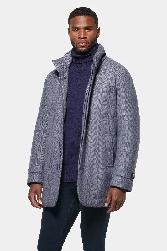Men's Coats Made in the USAHooded Cashmere Wool Car Coat, Light Grey Blue Herringbone