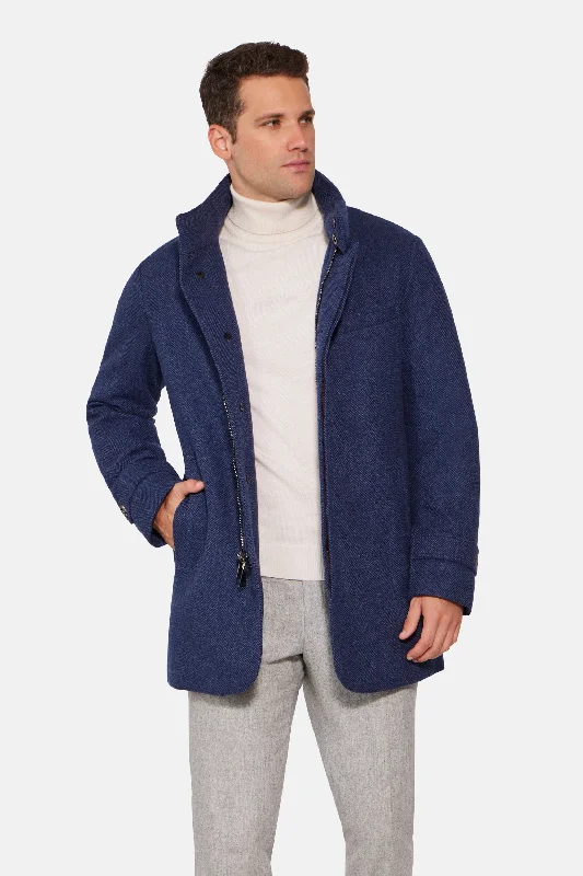 Men's Coats for Short MenHooded Cashmere Wool Car Coat, Mid Blue Herringbone