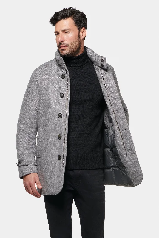 Men's Coats with Snap ButtonsSlim Hooded Pure Cashmere Car Coat, Light Grey