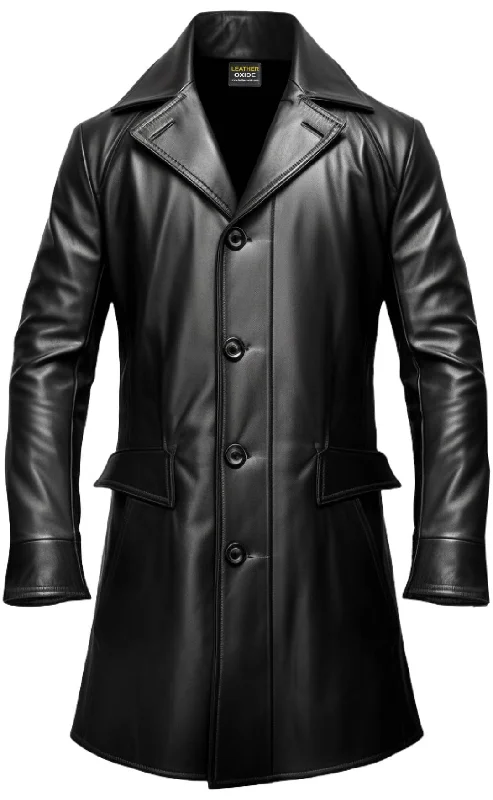 Designer Men's OvercoatsMen Black Leather Coat- Long Leather Coat