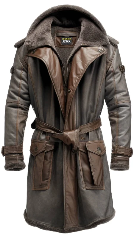 Men's Coats with Military InfluenceMen Dark Brown Leather Hooded Coat
